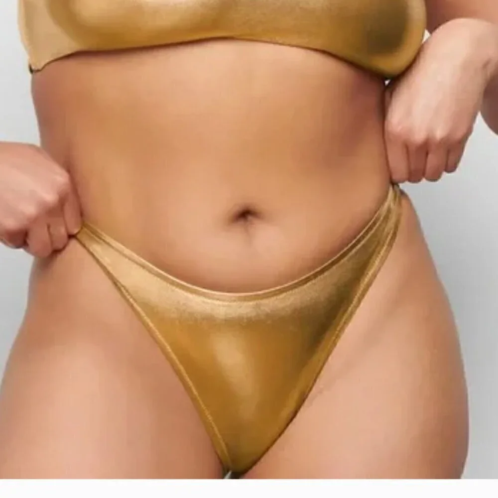 SKIMS Metallic Swim Bottoms Dipped Mid Waist Bottoms Gold  NWT 4X